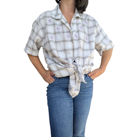 22W/24W Vintage 90s Plaid Embroidered Button-Up Shirt Boho Western Cottagecore - Picture 1 of 11